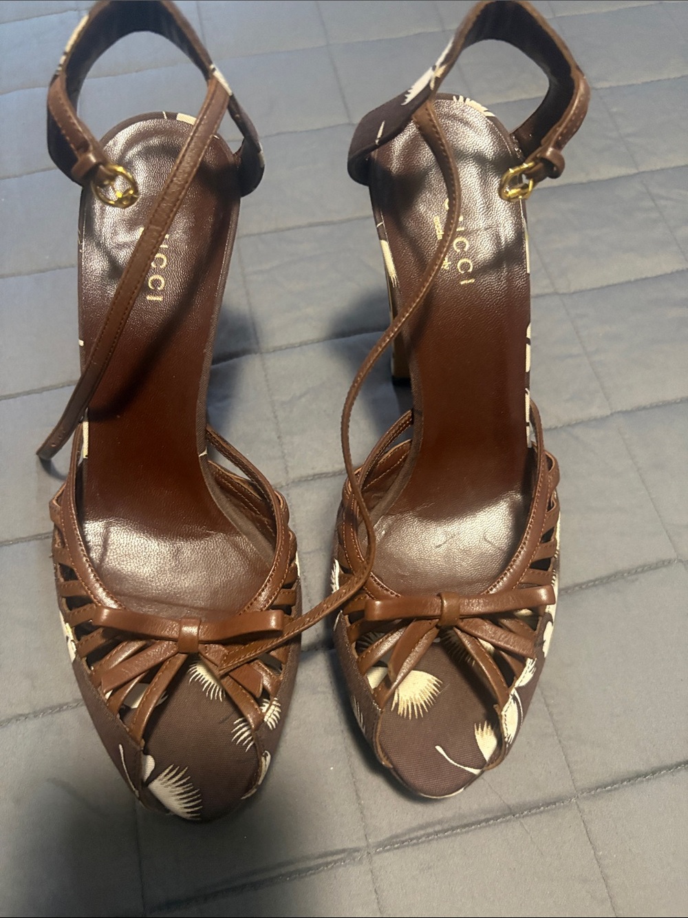 Gucci Brown Floral-Strap Ankle Tie Heels